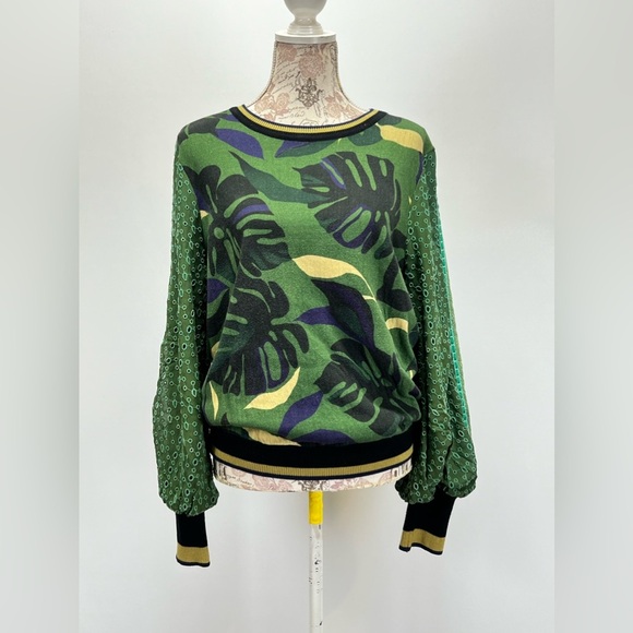 BLANK LONDON for ANTHROPOLOGIE Green and black Monstera knit sweater size S - Picture 8 of 16